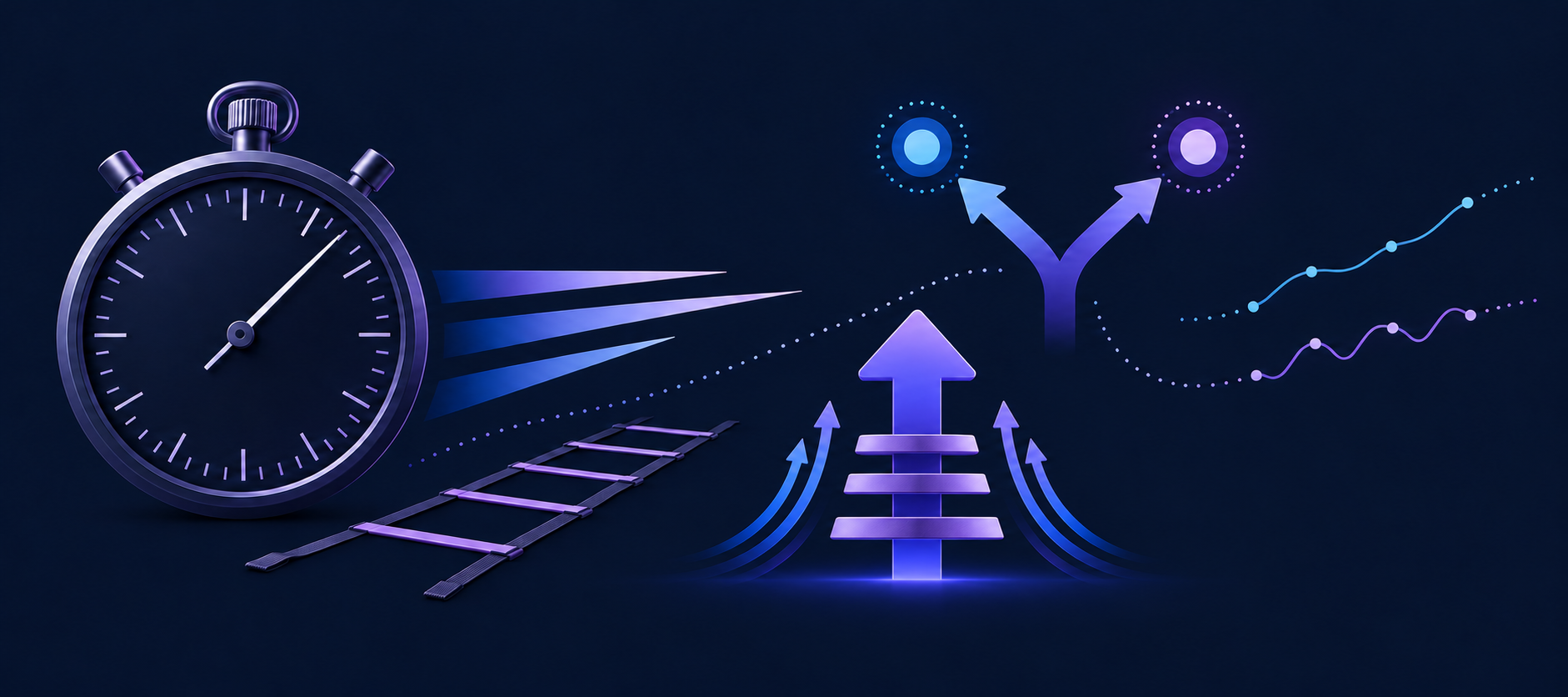 Symbolic composition of a stopwatch, speed marks, agility ladder, upward force symbol, branching reaction cues, and performance traces.
